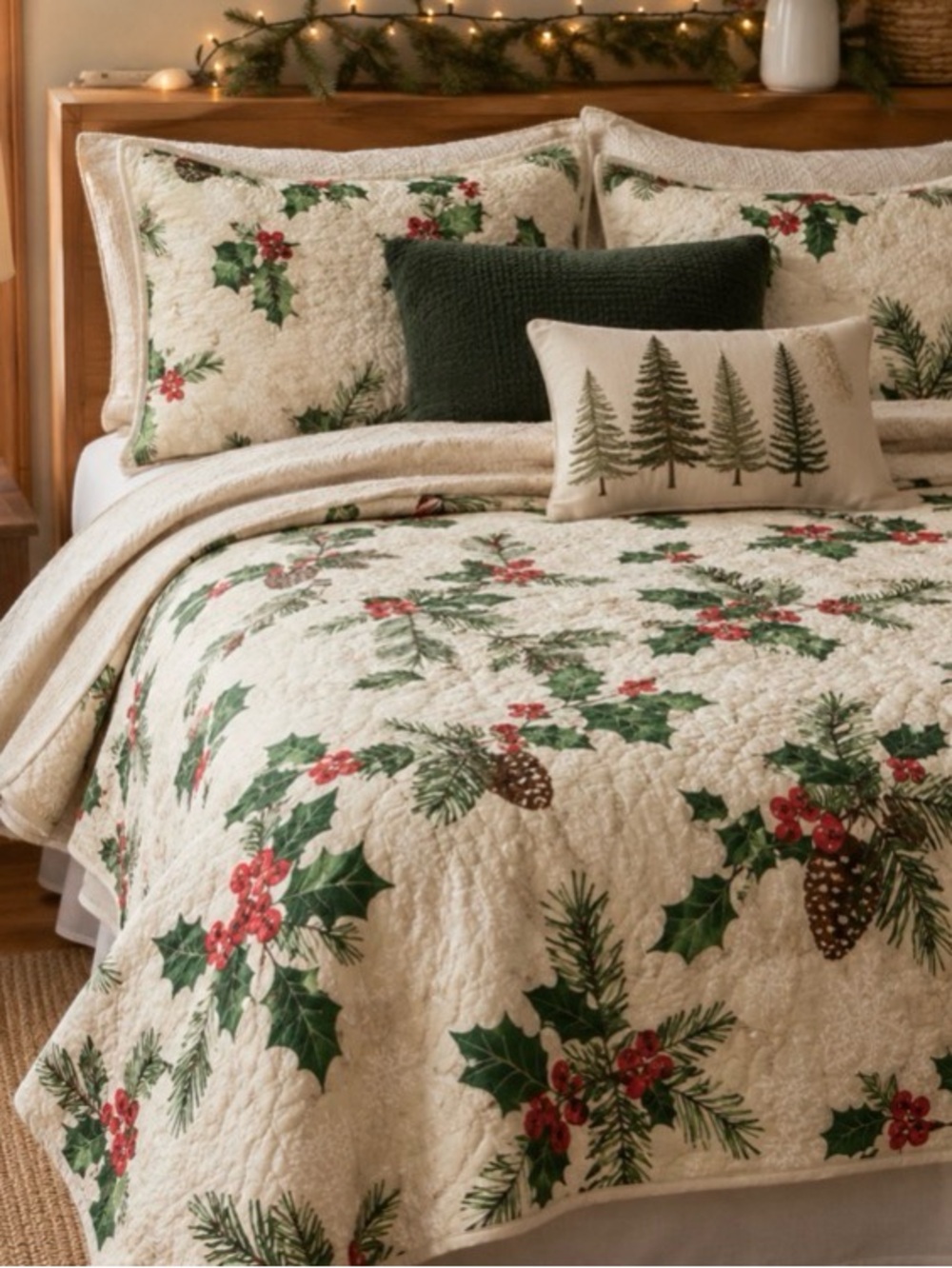 Martha Stewart Quilt Set Reversible Holiday Holly Berry Christmas quilt